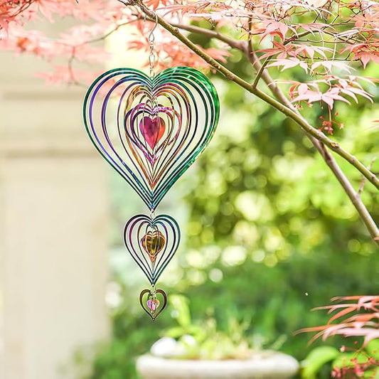 Wind Spinners Outdoor, 3D Heart, Gradient Rainbow Color, 14 inches Stainless Steel Metal, Hanging Wind Spinners, Garden, Yard Décor, Outside, Gifts for Women Mom Wife