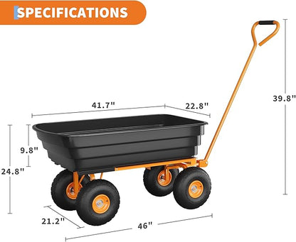 6 Cu.Ft. 1200Lbs Garden Cart Dump Wagon, Heavy-Duty 4 Wheel Wheelbarrow Yard Cart with 13-Inch All-Terrain Wheels, Features A Quick-Release Tipping Function, for Courtyards, Farm and Gardening