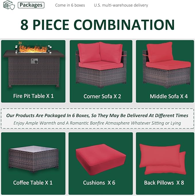 Outdoor Patio Furniture Sets with Propane Fire Pit Table, 8 Pieces Outdoor Furniture Patio Sectional Sofa Conversation Sets w/ETL Approved 43" Gas Outdoor Fire Table & Coffee Table (Red)