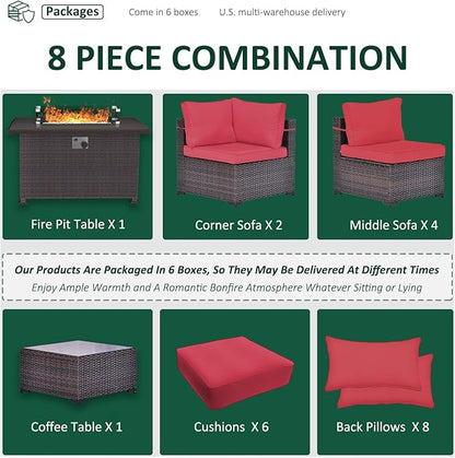 Outdoor Patio Furniture Sets with Propane Fire Pit Table, 8 Pieces Outdoor Furniture Patio Sectional Sofa Conversation Sets w/ETL Approved 43" Gas Outdoor Fire Table & Coffee Table (Red)
