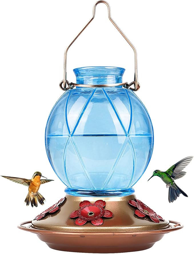 BOLITE Hummingbird Feeder, Glass Hummingbird Feeders for Outdoors, Netted Texture Ball Shape Bottle, 20 Ounces, Blue, Birthday Gifts for Women Men, Gifts for Mom Dad