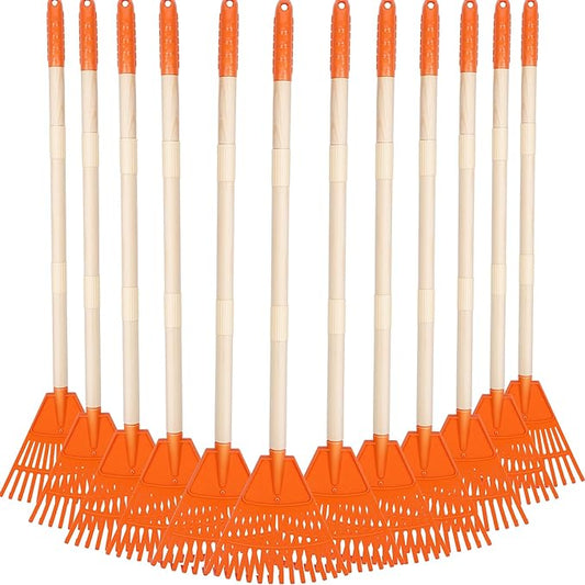 Therwen 12 Pcs Kids Rakes for Leaves 31'' Child Size Plastic Lawn Rakes, Garden Rakes with Plastic Rake Head and Wooden Handle, Kids Gardening Tools for Camping Debris Flower Beds, Boys Girls Gifts
