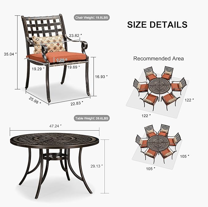 PURPLE LEAF 7 Pieces Outdoor Dining Set Cast Aluminum with 6 Armchairs and 47" Round Table, Cushion and Pillow Included, for Lawn Yard Garden Patio Dining Sets, Brick Red