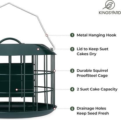 Kingsyard Squirrel Proof Suet Feeder, Cage Bird Feeders for Outdoors Hanging, All Metal, Double Suet Cake Capacity, Tray & Weatherproof, Green