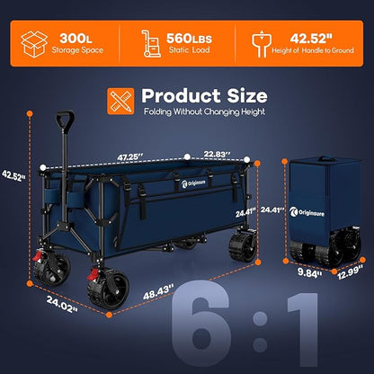 48" L Collapsible Wagon Cart Foldable, 560lbs Weight Capacity 300L Heavy Duty Folding Beach Wagons with Big All-Terrain Wheels, Utility Carts for Groceries, Shopping, Camping, Sports - Blue
