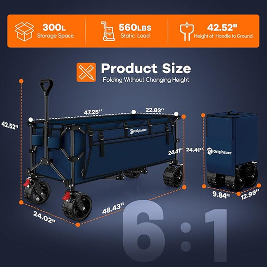 48" L Collapsible Wagon Cart Foldable, 560lbs Weight Capacity 300L Heavy Duty Folding Beach Wagons with Big All-Terrain Wheels, Utility Carts for Groceries, Shopping, Camping, Sports - Blue