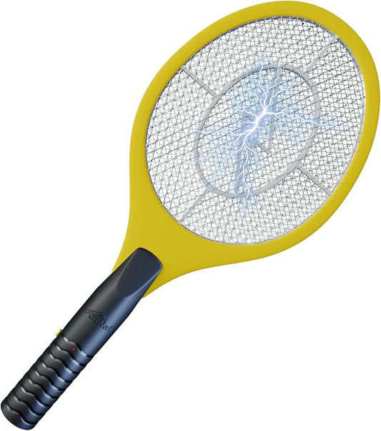 Bug Zapper 18" Electric Fly & Mosquito Swatter Racket - Outdoor/Indoor Killer for Flies, Battery-Operated Tennis Killing Zap, 3000 Volts Electronic Catcher, 2 AA Batteries Included - Yellow