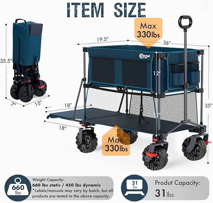 Portal Collapsible Large Double Decker Wagon with Brakes, 660lb Foldable Heavy Duty Utility Wagon Cart, 400L All-Terrain Big Wheels & 54" Extra Long Extender for Sports, Camping & Outdoor Use