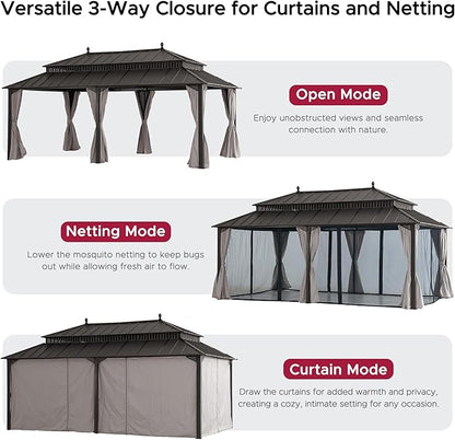 SUNJOY Kingston 20' x 12' Hardtop Gazebo with Galvanized Steel Double Roof, Curtain and Netting, Brown Aluminum Posts Permanent Pavilion Gazebo for Garden, Patio, Deck, Lawn
