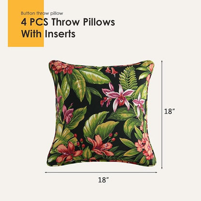 Outdoor Decorative Pillows Pack of 4, 18" x 18" Outdoor Pillow Set for Couch Bed Throw Patio Sofa, Red Flower Green Leaf