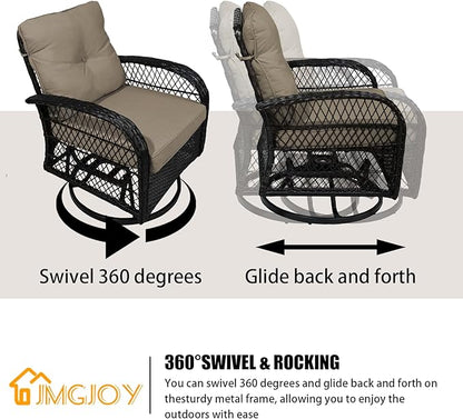 Patio Furniture Set Swivel Rocker, Outdoor Patio Chairs, 3 Piece Suit Porch Furniture Rocking Set, Backyard and Garden Rocker Rattan Chair, with Thickened Cushions and Glass Coffee Table(Brown)