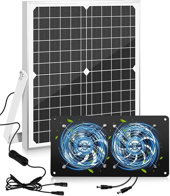 20W Solar Fan Kit for Greenhouse, Solar Panel Powered Dual Exhaust Fans, 3500 RPM IP67 Waterpoof Attic Fan for Chicken Coop, Dog House, Shed, Pet House Air Cooling