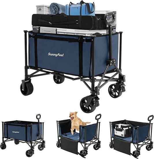 SUNNYFEEL Wagon Cart Foldable, Standard Borderless Version Collapsible Wagon with 220 LBS Max Load, Up to120L Foldable Grocery Cart with Side Opened for Groceries, Garden & Camping,Blue