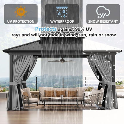 Aoxun 10' X 14' Hardtop Gazebo, Aluminum Metal Outdoor Gazebo with Galvanized Steel Double Roof, Permanent Patio Pavilion with Breathable Netting and Curtains for Dining, Wedding, Party