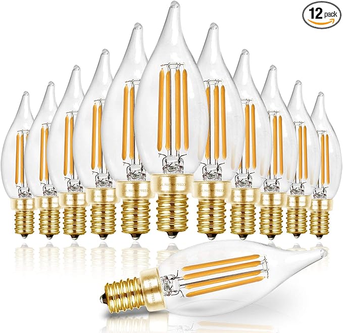 Hizashi 90+ CRI LED Candelabra Bulb 40W Equivalent E12 LED Bulb Dimmable 2700K Soft Warm White, Chandelier Light Bulbs, 4W 450LM Flame Tip CA10 Candle Light Bulbs, UL Listed - 12 Pack