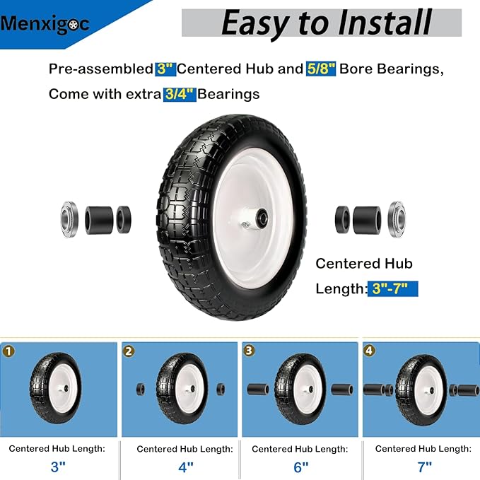 4.80/4.00-8 Solid Tire, 14.5" Flat Free Tire and Wheel, 5/8" Bore Bearing with 3/4" Extra Bearings, 3" -7" Centered Hub - Universal for 4.80-8 4.00-8 4.00-6 3.50/3.00-8 Wheels