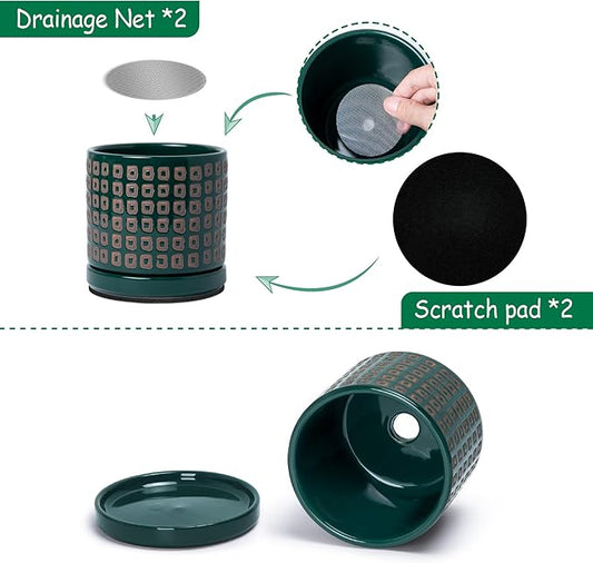 D'vine Dev Set of 2 Ceramic Planter Pots with Drainage Hole and Saucer, 4.5 Inch Plant Pots for Plants Indoor Houseplants, Green, 99-Z-A-4-V