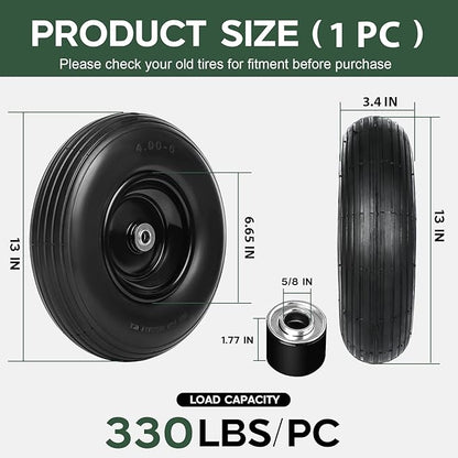 Taifa 13 Inch 1 Pack Solid Flat Free Replacement Tires and Wheels 4.00-6 with 5/8'' Axle Bore Hole, Air Less Wheel for Wheelbarrow/Wagon/Hand Truck/Trolley/Garden Scooter etc.