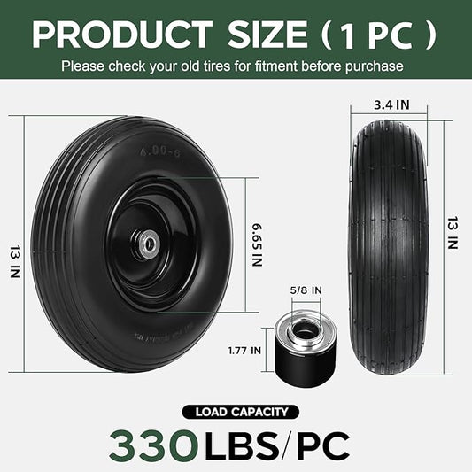 Taifa 13 Inch 1 Pack Solid Flat Free Replacement Tires and Wheels 4.00-6 with 5/8'' Axle Bore Hole, Air Less Wheel for Wheelbarrow/Wagon/Hand Truck/Trolley/Garden Scooter etc.