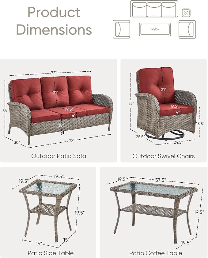HUMMUH Wicker Patio Furniture Set-All Weather Rattan Patio Sofa Set with Swivel Rocker Chairs Outdoor Conversation Set for Deck Lawn Porch Balcony Poolside-Grey/Red