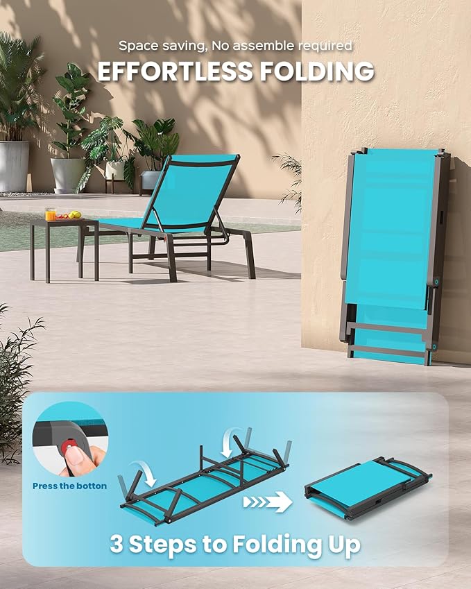 Foldable Pool Lounge Chairs, Aluminum Chaise Lounge Outdoor with 5 Positions Recliner - Free Assembly - Patio Lounge Chair for Poolside, Beach (Lakeblue)