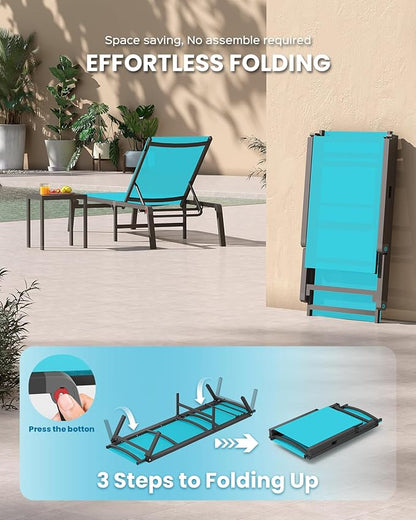 Foldable Pool Lounge Chairs, Aluminum Chaise Lounge Outdoor with 5 Positions Recliner - Free Assembly - Patio Lounge Chair for Poolside, Beach (Lakeblue)