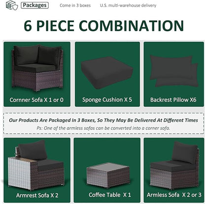 Outdoor Patio Furniture Set, 6 PCS Outdoor Furniture All Weather Patio Sectional Sofa PE Wicker Modular Conversation Sets with Coffee Table,5 Chairs & Seat Clips Black
