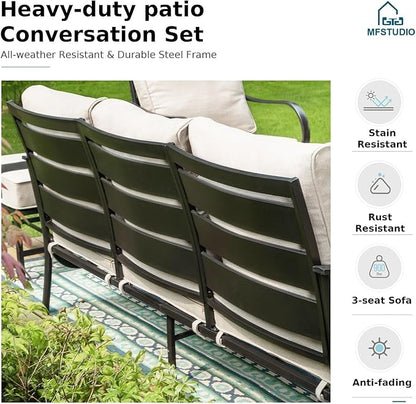 MFSTUDIO 4 Pieces Patio Conversation Sets(5 Seat),Outdoor Metal Furniture Sofas with 1 Loveseat(3 Seat), 2 Swivel Chairs,1 Coffee Table,Wrought Iron with Beige Cushion for Patio Courtyard Balcony