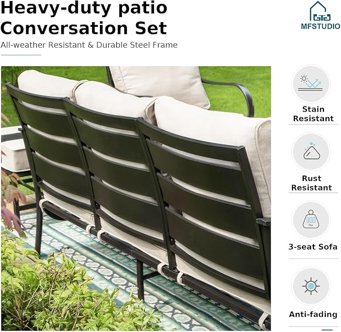 MFSTUDIO 4 Pieces Patio Conversation Sets, All Weather Metal Frame Outdoor Furniture Set Patio Sofas with 1 x 45 Rectangular Propane Fire Table, 1 x 3-Seat Sofa, 2 x Sofa Chairs, Beige Cushion