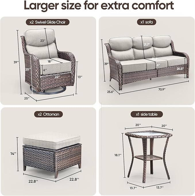 Swivel Patio Chairs sofa Set of 6 - 6" Thick Cushion - Wicker Outdoor Swivel Rocker Patio Chair ,Sofa/Glass coffee table, High Back Comfortable Outdoor Glider Chairs - Brown Wicker | Beige Cushions