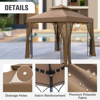 COOS BAY 8x8 Outdoor Patio Gazebo with Netting and Corner Shelves, Two-Tier Soft Top Canopy for Backyard, Lawn, Deck and Garden, Brown