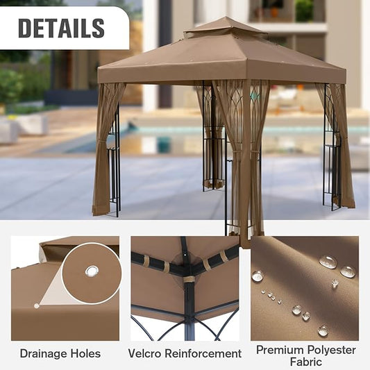 COOS BAY 8x8 Outdoor Patio Gazebo with Netting and Corner Shelves, Two-Tier Soft Top Canopy for Backyard, Lawn, Deck and Garden, Brown