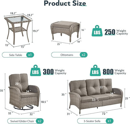 6 Piece Patio Furniture Set - Wicker Patio Conversation Set with Swivel Glider, 3-Seater Sofa, Tempered Glass Side Table and 2 Ottomans for Deck Backyard - Grey Wicker Grey Cushion