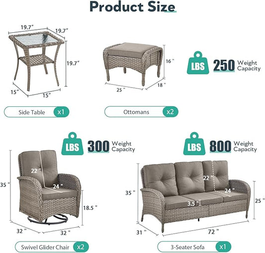 6 Piece Patio Furniture Set - Wicker Patio Conversation Set with Swivel Glider, 3-Seater Sofa, Tempered Glass Side Table and 2 Ottomans for Deck Backyard - Grey Wicker Grey Cushion