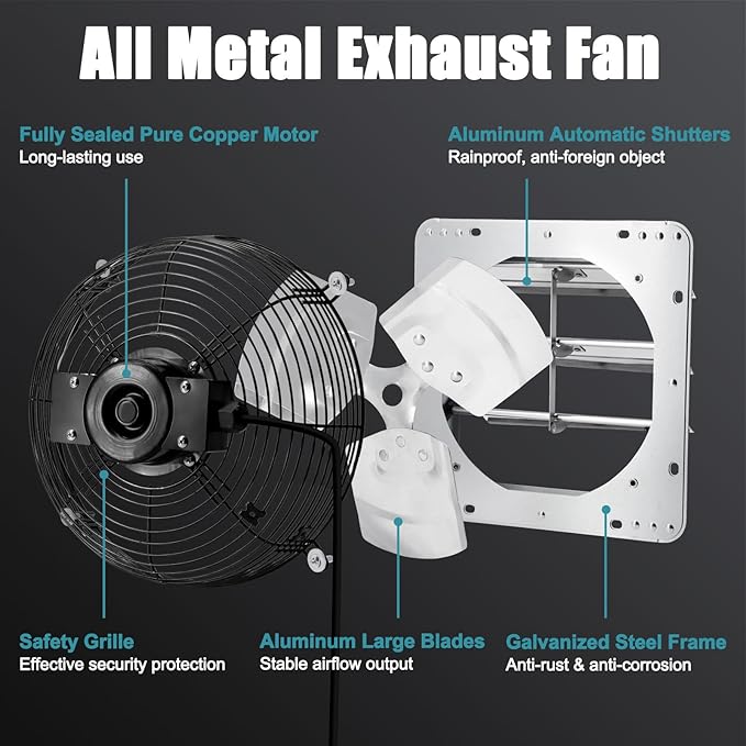 12 Inch Shutter Exhaust Fan for Garage, Greenhouse, Attic, Chicken Coop, Shop, Shed, Basement Ventilation, 970 CFM 1680RPM High Speed Wall Mounted Vent Fan with ON/OFF Switch 1.8M Power Cord Kit