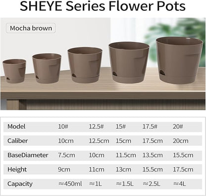 5 Pack Plastic Planters with Drainage, Self Watering Pots for Indoor Plants, Small Cute Plastic Pots in 5 Sizes, Ideal for Indoor Plants (Brown)