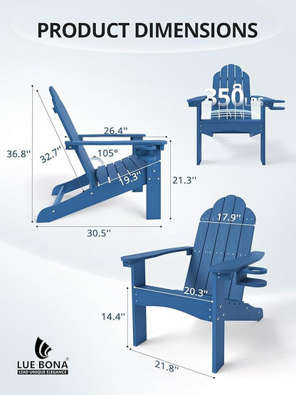 LUE BONA HDPE Adirondack Chairs Set of 4,Plastic Adirondack Chairs with Cup Holder Weather Resistant for Outdoor, Patio, Lawn, Garden, Backyard Deck, Fire Pit, Blue