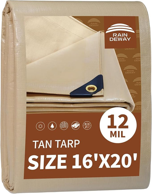 RAINDEWAY 16x20 Feet Heavy Duty Tarp,12 Mil Tan Waterproof Poly Tarp Cover,UV Resistant,Weatherproof,Durable,Multipurpose Tarps with Grommets and Reinforced Edges