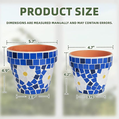 VOREEN Mosaic & Terracotta Plant Pots, 2 Pack Handmade Flower Pots with Drainage, Decorative Daisy Style Planters for Indoor Outdoor Plants, Home & Garden Decor, Gift for Mom Wife Friend