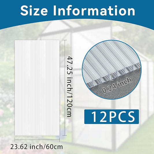 12 Pcs Polycarbonate Greenhouse Panels Polycarbonate Sheets Twin-Wall Roof Panels Waterproof UV Protected Clear Corrugated Plastic Roofing for Greenhouse, Outdoor, Plant Stand Roof(4' x 2' x 0.24'')