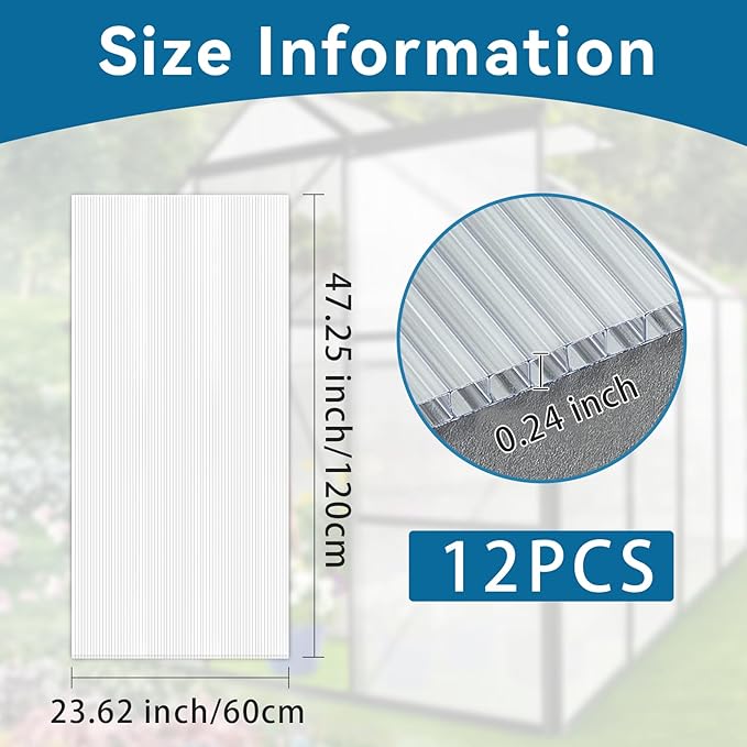 6 Pcs Polycarbonate Greenhouse Panels Polycarbonate Sheets Twin-Wall Roof Panels Waterproof UV Protected Clear Corrugated Plastic Roofing for Greenhouse Replacement(4' x 2' x 0.24'')