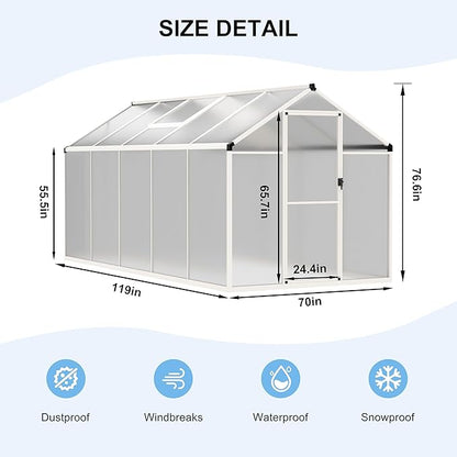 MUPATER 6' x 10' Polycarbonate Greenhouse, Heavy Duty Greenhouse with 4MM Polycarbonate Panel, Aluminum Green-House Kit with Lockable Door & Adjustable Roof Vent for Plants, Backyard, Garden, White