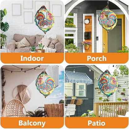 Rooster Wind Spinner, 3D Hanging Stainless Steel Garden Spinner, Wind Spinner Hanging for Outdoor & Indoor Décor, Unique Gifts for Yard Garden Decoration or Patio Décor (Rooster)