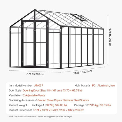 VEVOR Polycarbonate Greenhouse, 8 x 14 Ft, Outdoor Greenhouse with 2 Vent Windows, Pavilion Styled Greenhouse with Hinged Door, Aluminum Large Walk-in Greenhouse Kit for Outside Garden Backyard