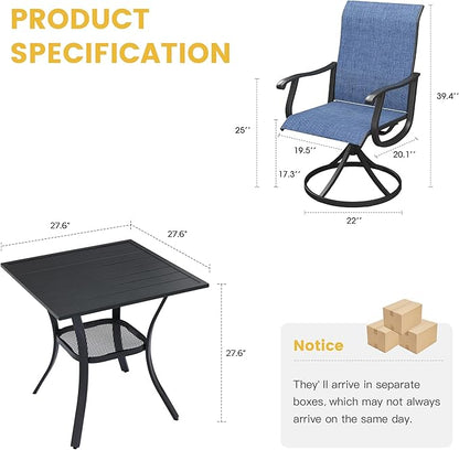 VICLLAX 3 Pieces Patio Dining Set Includes 28" Square Small Outdoor Table and 2 Patio Swivel Chairs for Lawn Garden, Black Tabletop and Blue Fabric