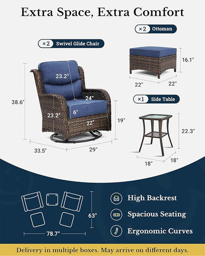 HILLGA Luxury Patio Furniture Set with 6-inch Thick Cushion, Outdoor High Back Swivel Rocker Patio Chairs, 5PCS Wicker Conversation Set for Deck Yard and Poolside, Blue (V2)
