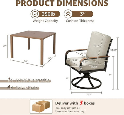 NATURAL EXPRESSIONS 5 Piece Outdoor Patio Dining Sets, 4pcs Swivel Dining Chairs & Square Woodgrain Dining Table with 1.65”Umbrella Hole for Lawn, Garden, Deck, Backyard and Porch