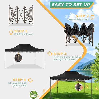 COBIZI 10x15 Pop Up Heavy Duty Canopy with Upgrated Hexagonal Legs, Easy up Tent for Parties, Commercial and Wedding, Outdoor Canopy with Roller Bag, Sand Bags, Waterproof & UPF50+ (Black)