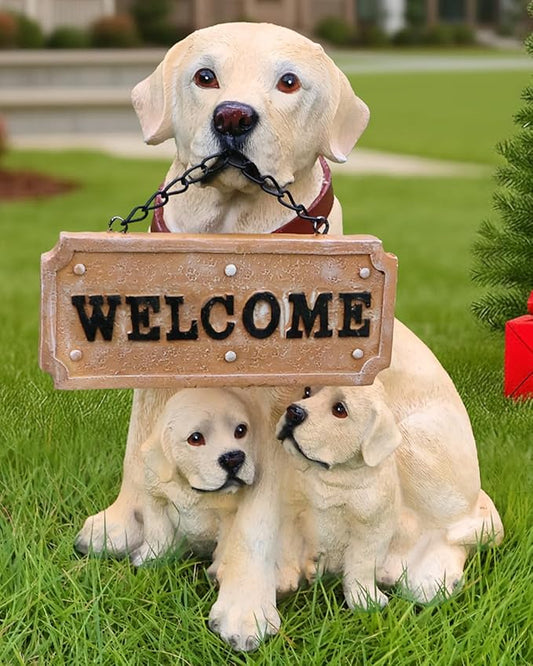 Labrador with Puppies Solar Welcome Statue, Hand-Painted Resin Dog Figurine with Lantern and Dual Wooden-Style Signs, Warm Family Guardian Sculpture for Garden and Porch Décor