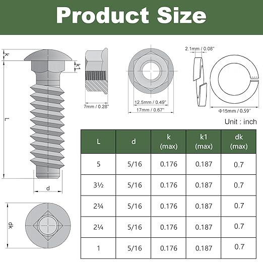 5/16-18 Carriage Bolts Set 40pcs Wheelbarrow Handles Replacement Kit 304 Stainless Steel Nut and Bolt Set Assortment Kit Compatible for Jackson Wheelbarrow Rebuild, Furniture Repair, Wood Joining